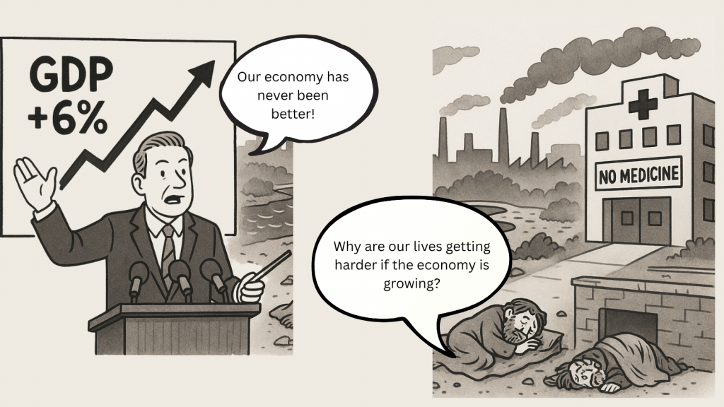 A politician celebrates 6% GDP growth at a podium, while people suffer outside a hospital marked "No Medicine."