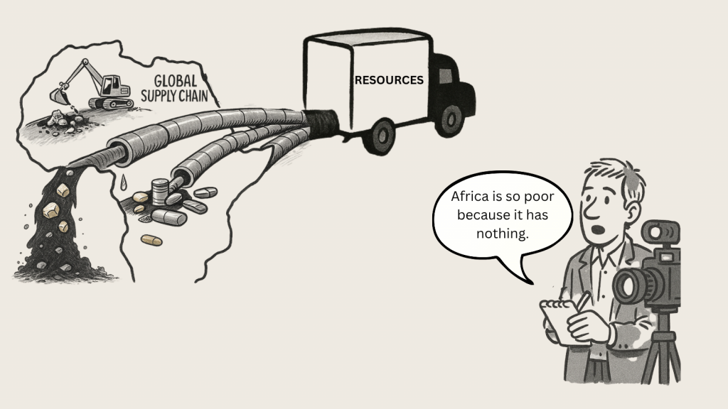 A journalist claims Africa has nothing, while a pipeline extracts resources into a truck labeled "Global Supply Chain."