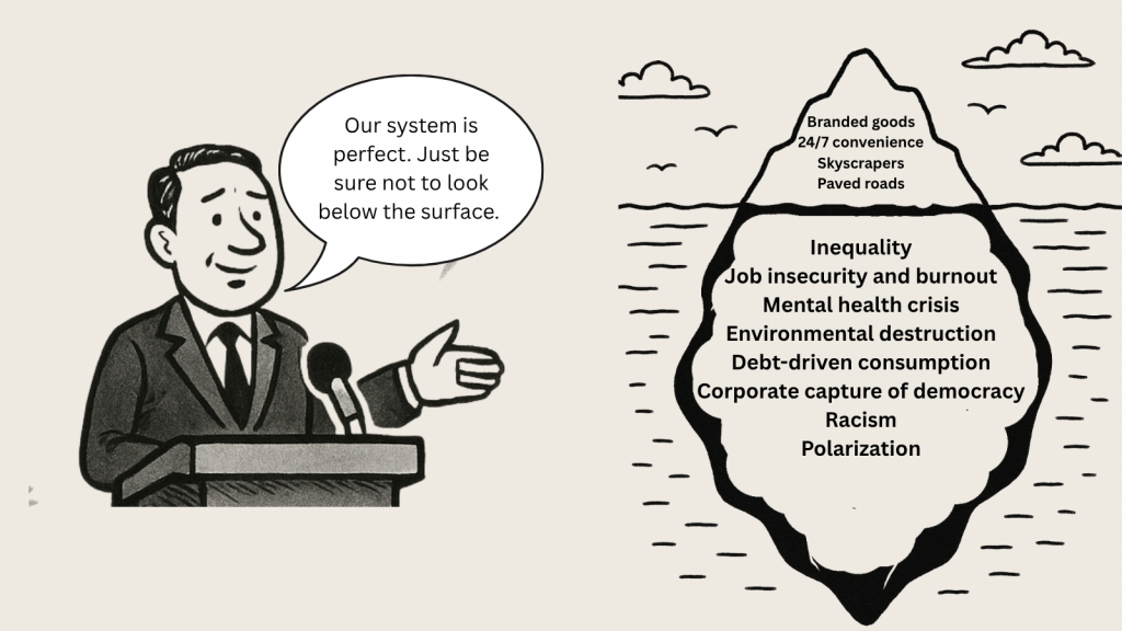 A polished spokesperson praises a perfect system—yet below the surface, an iceberg exposes the hidden costs: inequality, environmental destruction, mental health crises, and more.