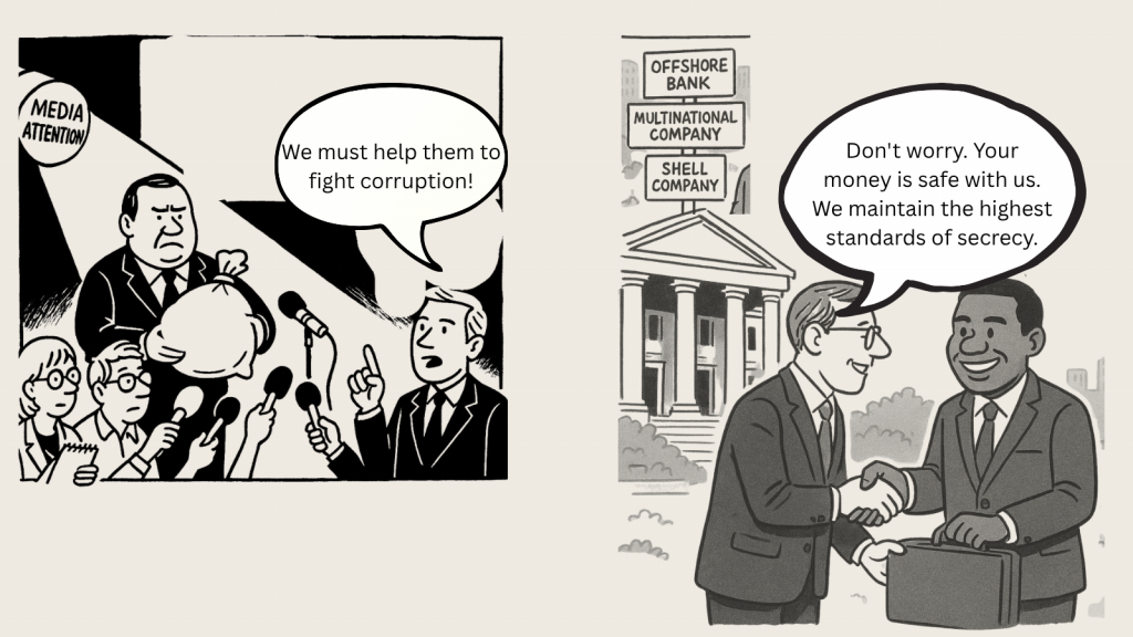 On the left, a man is telling journalists how they must help Africa to address corruption. On the right side, the same man is promising an African leader to keep his money safe in off-shore accounts.